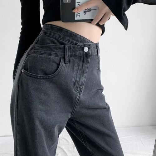 صورة بنطال ذو قصة أرجل واسعة جينز نسائي عتيق عالي الخصر فضفاض مناسب أساسيات جيوب كاملة الطول زر 2025 دينم غير رسمي بنطلون مستقيم