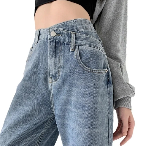 صورة بنطال ذو قصة أرجل واسعة جينز نسائي عتيق عالي الخصر فضفاض مناسب أساسيات جيوب كاملة الطول زر 2025 دينم غير رسمي بنطلون مستقيم