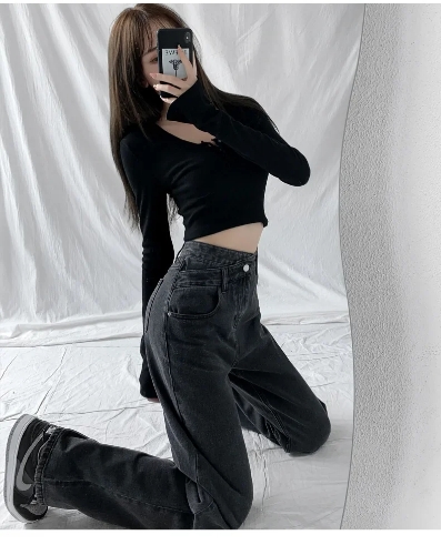 صورة بنطال ذو قصة أرجل واسعة جينز نسائي عتيق عالي الخصر فضفاض مناسب أساسيات جيوب كاملة الطول زر 2025 دينم غير رسمي بنطلون مستقيم