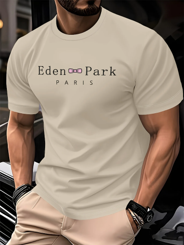 صورة تي شيرت رجالي صيفي 100% من القطن الخالص عصري فضفاض غير رسمي رياضي Eden Park Paris مطبوع برقبة دائرية وأكمام قصيرة