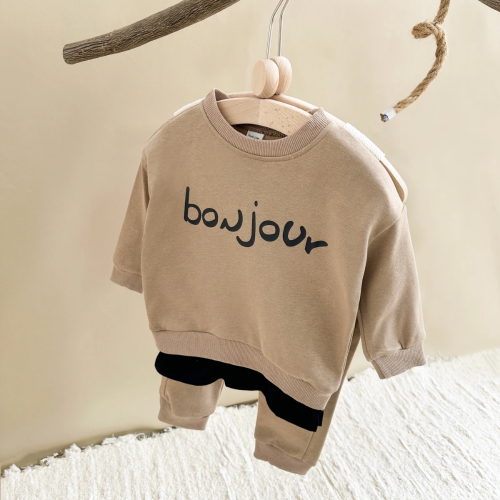 صورة طفل رضيع الملابس مجموعة "BONJOUR" رسالة البلوز هوديي + بانت الطفل ملابس طويلة الأكمام دعوى عارضة إلكتروني البلوز ملابس الطفل