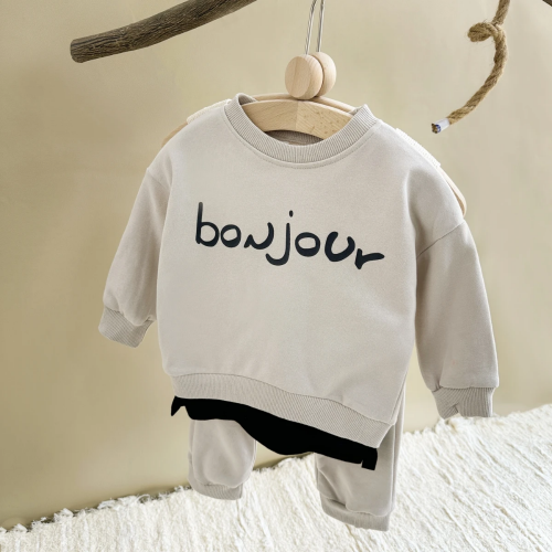 صورة طفل رضيع الملابس مجموعة "BONJOUR" رسالة البلوز هوديي + بانت الطفل ملابس طويلة الأكمام دعوى عارضة إلكتروني البلوز ملابس الطفل